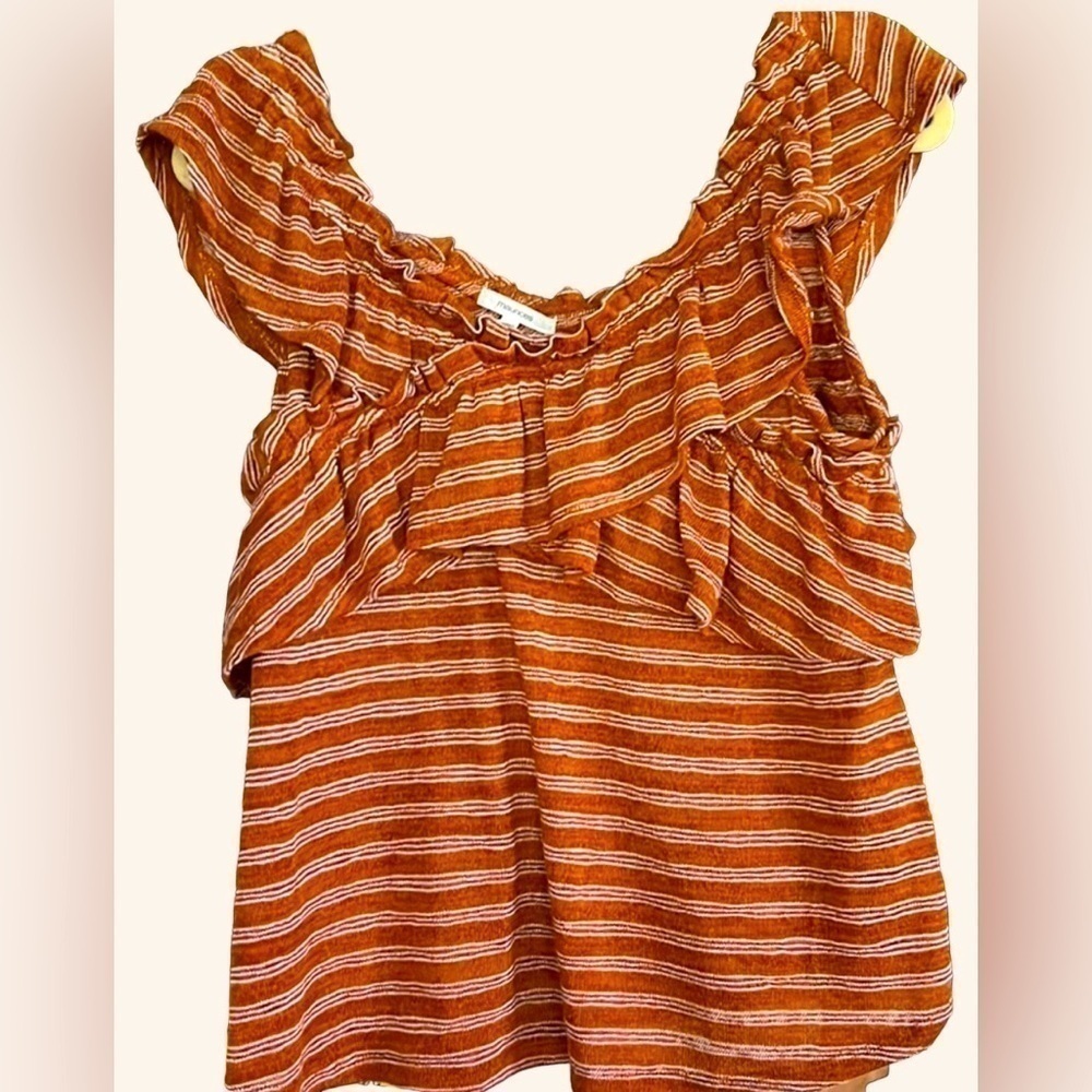 MAURICES Cinnamon/ White Striped Criss/ Cross Ruffled Tank Top, Size Large, GUC.